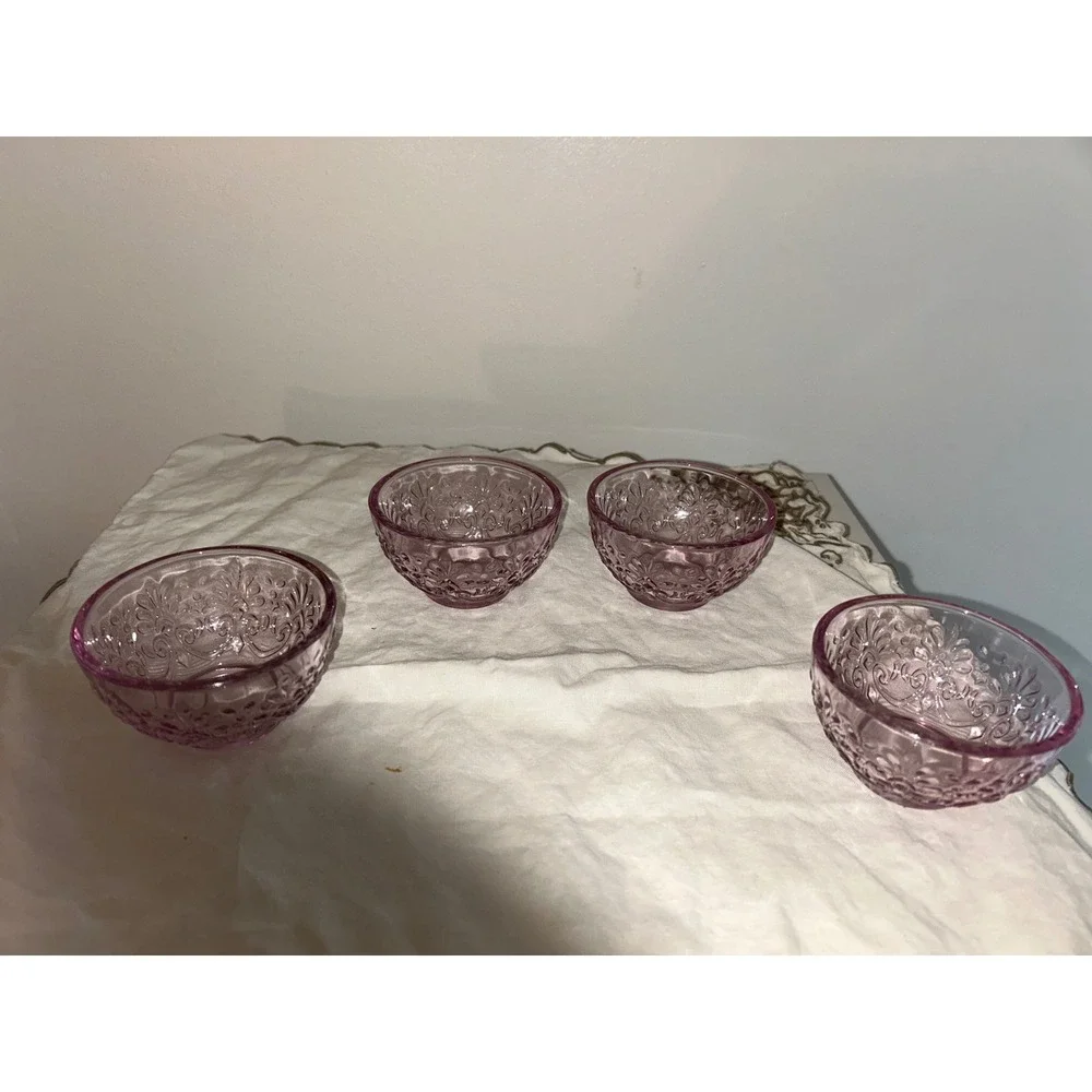 Set of 4 Vintage Purple Pressed Glass Bowls Fleur De Lis Embossed Lavender 3.5